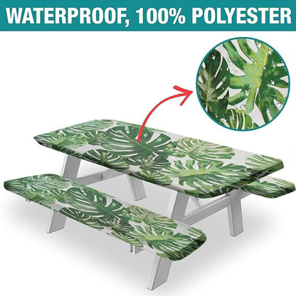 Tropical Picnic Table Cover with Bench Covers, 3 Pieces Set, Monstera Leaf Palm Tree Print Rectangular Picnic Fitted Tablecloth and Bench Covers, 72X28 Inch, Green, for Outdoor and Camping Use