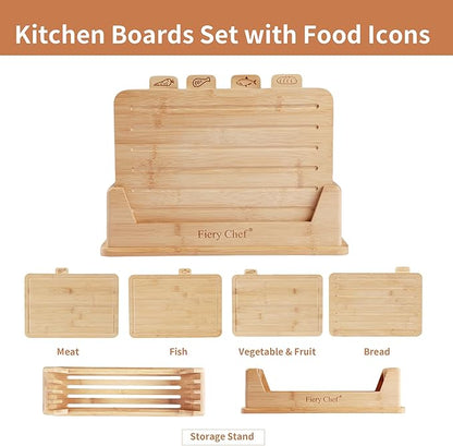 Fiery Chef 14.56"L x 11"W Bamboo Cutting Board Set of 4 - Wood Cutting Board Set with Holder, Chopping Boards Set with Food Icons, Juice Groove - Ideal for Meat, Fish, Bread, Vegetable, Fruit Chopping