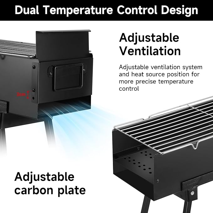Charcoal Grill, Alloy Steel BBQ Barbecue Outdoor Grilling with Durable Support Frame and Dual Adjustable Vents for Tailgate Patio Beach Backyard(31.6x7.1x5.1 inch With Accessories), Black