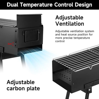 Charcoal Grill, Alloy Steel BBQ Barbecue Outdoor Grilling with Durable Support Frame and Dual Adjustable Vents for Tailgate Patio Beach Backyard(31.6x7.1x5.1 inch), Black