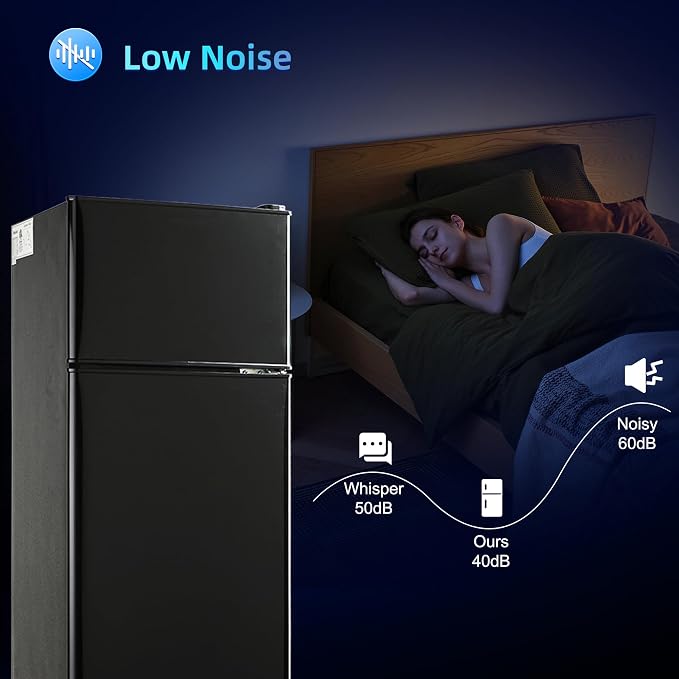 Mini Fridge with Freezer 4.0 Cu.Ft. Double-Door Mini Refrigerator Low Noise | 7-Level Adjustable Thermostat & Adjustable Glass Shelves, Compact Dorm Fridge 37 dB Low Noise for Bedroom, Black