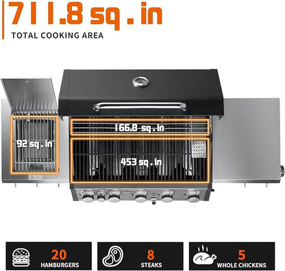 SKOK 5 Burner BBQ Grill with Infrared Side and Rear Burners,Gas Grill with Cast Iron Grates,Outdoor Barbecue Grill 72,000 BTU Output