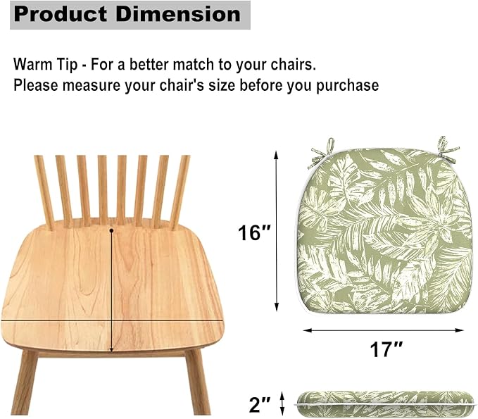 DYTXIII Set of 4 Outdoor Chair Cushions with Ties,Water Repellent Patio Chair Pads 17"x 16" for Outdoor Furniture,Round Corner Seat Cushions for Garden Yard Kitchen Tropical Leaf Green