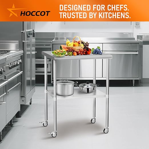 Stainless Steel Table with Wheels 30" x 30" Utility Worktable with Adjustable Undershelf for Commercial Kitchen, Garage, Restaurant