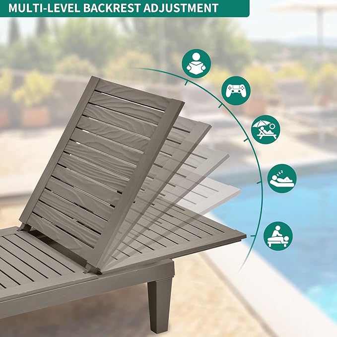 YITAHOME Chaise Outdoor Lounge Chairs with Adjustable Backrest, Multi-Functional Patio Loungers Easy Assembly & Lightweight, Waterproof Poolside Chaise Lounge with 265lbs Capacity, Set of 2, Taupe