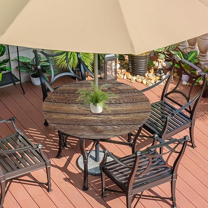 Brown Wooden Texture Round Fitted Tablecloth with Umbrella Hole and Zipper, 36"-44" Outdoor Elastic Tablecloths Wipeable Patio Table Cover for Garden Table Picnic Party BBQs Camping