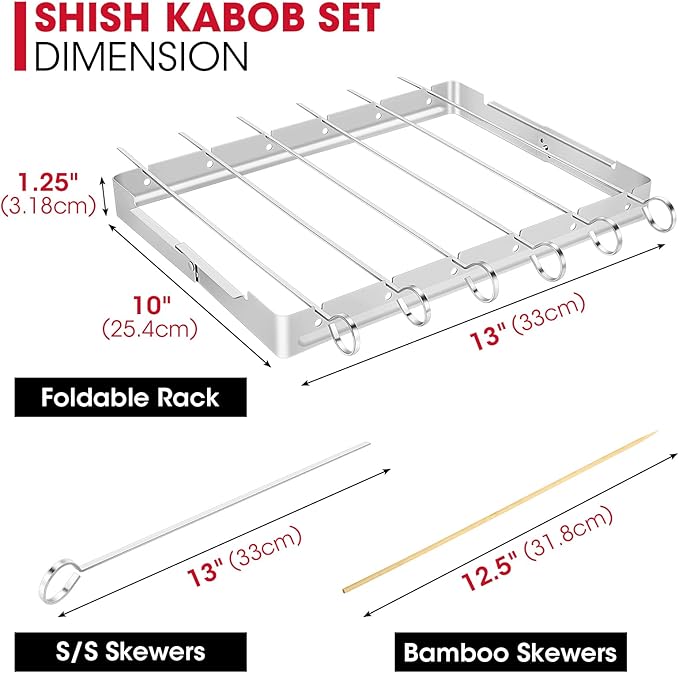 Unicook Stainless Steel BBQ Shish Kabob Set, Foldable Shish Kabob Holder with 6pcs 13"L Skewers, Reusable Grill Rack, Comes with 30pcs 12.5"L Bamboo Skewers for Party and Cookout