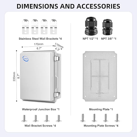 RTHIEAI Waterproof Outdoor IP67 Junction Box (8.7"x6.7"x4.3") with Mounting Plate, Hinged Grey Cover and Wall Brackets - Weatherproof ABS Plastic Electrical Enclosure for DIY Projects (220x170x110mm)