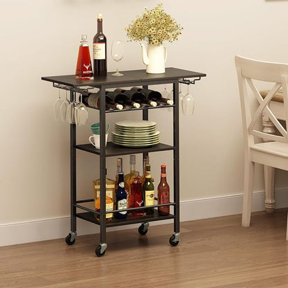 LAATOOREE Bar Cart 4 Tier, Home Serving Cart, Black Mobile Drink Beverage Cart, Rolling Kitchen Shelf with Wine and Glass Holders, for Living Room