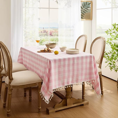 Softalker Pink Gingham Tablecloth Square, Outdoor Linen Cotton Checkered Table Cloth with Tassel, Heavy Duty Wrinkle Free Buffalo Plaid Table Cover for Kitchen Dining Home Party - 55 x 55 Inch