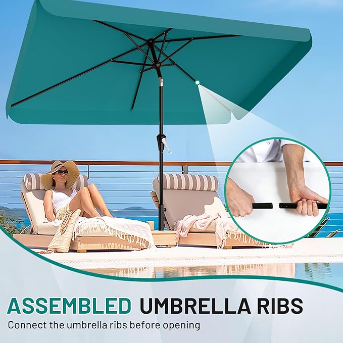 AreShark 6.5 x 10 FT Rectangular Valance Patio Umbrella, Outdoor Umbrella with Tilt and Crank, Market Table Umbrellas W/ 6 Ribs UV Protection for Garden, Deck, Backyard and Pool, Lake Blue