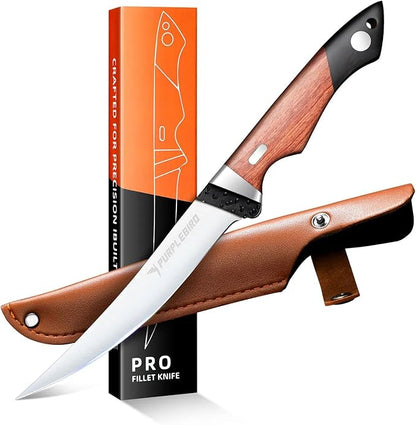 PURPLEBIRD 6" Fillet Knife for Fish with Sheath, 440C Stainless Steel Boning Knife for Meat Cutting with Wood Handle, Fish Filleting Knives Kitchen & Outdoor for Fishing, Hunting, BBQ, Christmas Gifts