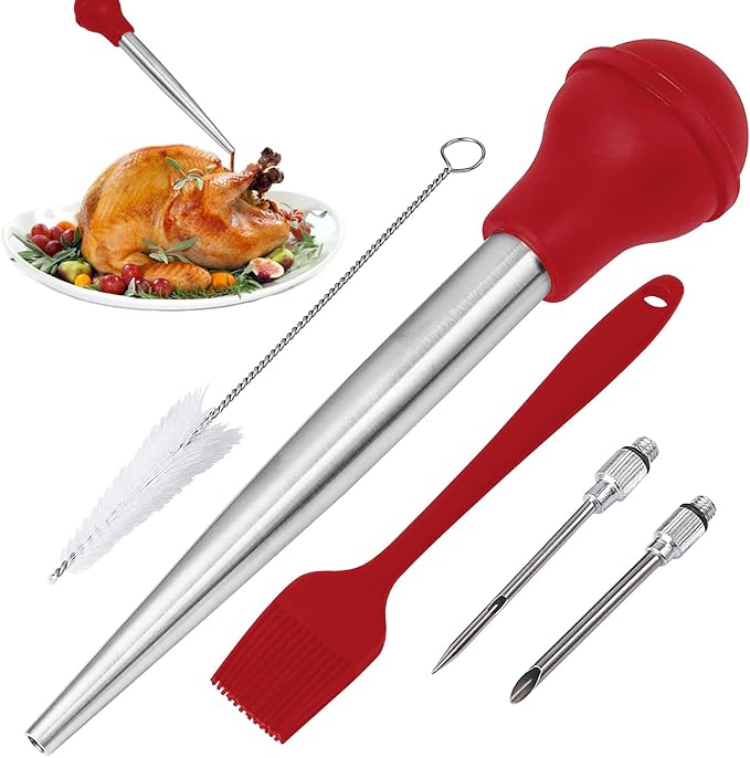 Turkey Baster Syringe for Cooking - Large Food-Grade Turkey Baster with Silicone Bulb, 2 Marinade Injector Needles, and Cleaning Brush - Turkey Baster for Juicy Roasts, BBQ, and Home Baking