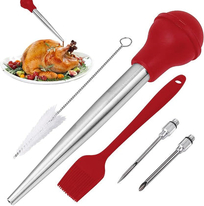 Turkey Baster Syringe for Cooking - Large Food-Grade Turkey Baster with Silicone Bulb, 2 Marinade Injector Needles, and Cleaning Brush - Turkey Baster for Juicy Roasts, BBQ, and Home Baking