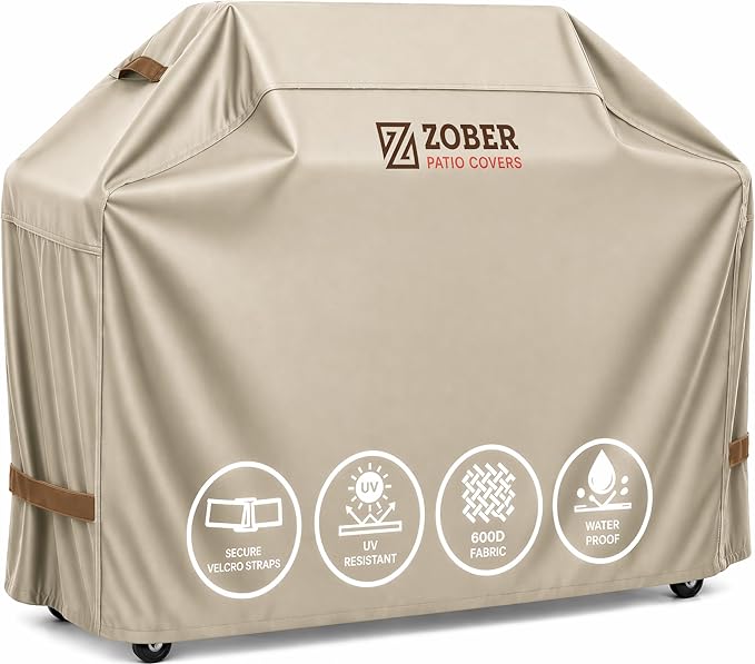 ZOBER Heavy Duty BBQ Grill Cover - 58 Inch Waterproof Double Layered Fits Weber Gas Grill Cover Charbroil Grill & Smoker - Gas Grill Covers w/Air Vents, Dual Handles - 600D Oxford Fabric, Cream