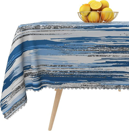 Abstract Striped Square Tablecloth 60x60 Inch Blue and White Old Texture Grunge Stripes Vintage Mosaic Dust-Proof Table Cover Protector for Home Kitchen Restaurant Picnic Camping BBQ