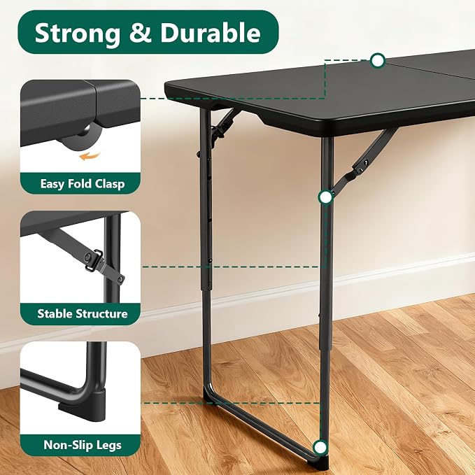 2 Pack Folding Table, 4FT Foldable Picnic Table with Adjustable Height, Heavy Duty Fold-in-Half Portable Table for Weddings, Camping, RV Travel, Parties, BBQs, Easy to Fold and Store, Black