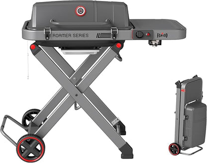 FEASTO Portable Propane Gas Grill with Folding Cart & 13000 BTUs Burner, 360 Sq. In. Cast Iron Cooking Grates, Side Table, 8" Wheels, Stainless Grease Tray for Outdoor BBQ, Camping & Tailgating, Grey