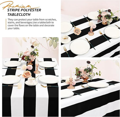 2 Pack Black and White Striped Tablecloth Rectangle 60x84inch Polyester Fabric Washable Table Cloth for Afternoon Tea Table Birthday Party Picnic Barbecue Gathering Indoor Outdoor Dining Table Decor