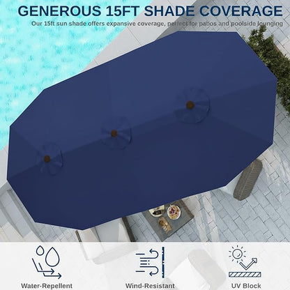 15FT Large Patio Umbrella with Base, Double Sided Rectangular Outdoor Umbrella with Sturdy Fiberglass Ribs, UPF 50+ Sun Protection, Wind-Resistant, Waterproof Fade-Resistant Fabric for Pool, Garden, Backyard, Deck(Navy)