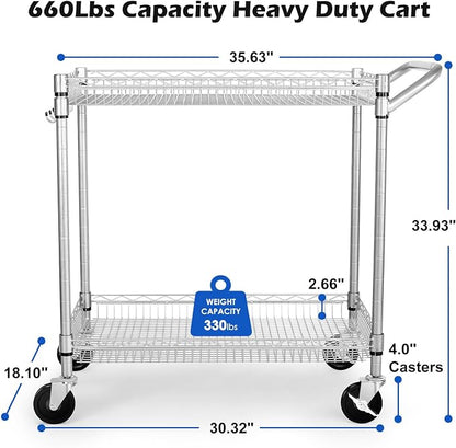 WDT Heavy Duty 2 Tier Rolling Cart, NSF Listed, 660Lbs Capacity, Commercial Grade Metal, 35.63"x18.1"x33.93"