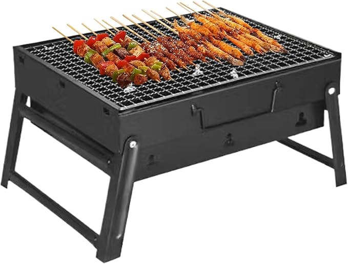Portable Charcoal Grill with Grate 13.8x10.6x7.9'' Thickened Charcoal Grill Even Burning Foldable BBQ with Handle Perfect for On-the-Go Barbecue of 1-3, Small