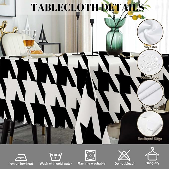 Swono Rectangle Tablecloth Black White Houndstooth 52x70 Inch Heavy Duty Water-Resistant Dining Table