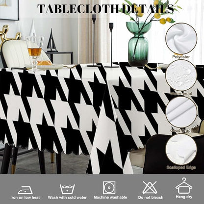 Swono Rectangle Tablecloth Black White Houndstooth 52x70 Inch Heavy Duty Water-Resistant Dining Table