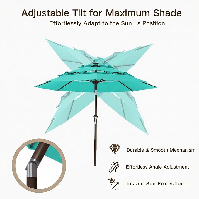 Kingdura 9ft 3-Tier Patio Umbrella, Outdoor Table Umbrella with Easy Crank & Tilt, 8 Reinforced Ribs, UV Protection for Deck, Pool, Market, Backyard (Tiffany blue)
