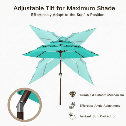 Kingdura 9ft 3-Tier Patio Umbrella, Outdoor Table Umbrella with Easy Crank & Tilt, 8 Reinforced Ribs, UV Protection for Deck, Pool, Market, Backyard (Tiffany blue)