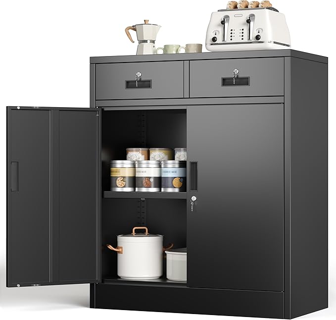 CJF Pantry Cabinet with 2 Drawer, Metal Pantry Storage Cabinets with Doors and 2 Adjustable Shelves, 36" H Locking Cabinet for Kitchen Storage, Home, Garage, Utility Room and Basement, Black