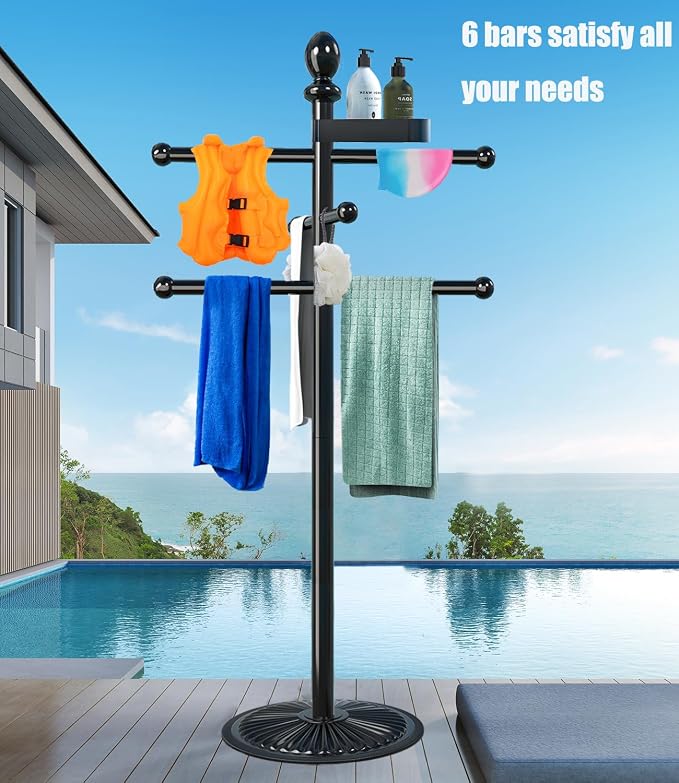 Pool Outdoor Towel Rack, Metal Heavy Duty Never Tilt Pool Accessories with Heavy Metal Base, 6 Bars Hot Tub Accessories Towel Dying Rack Towel Stand for Pool, Spa(4.0FT)