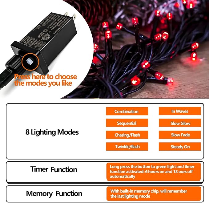 YIQU 75.8 FT 200 LED Extendable Red Christmas String Lights Indoor Outdoor | Memory Function & Timer & 8 Modes,Ultra Bright Green Wire Waterproof Twinkle Lights for Xmas Tree Yard Holiday Party Decor
