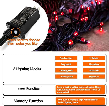 YIQU 75.8 FT 200 LED Extendable Red Christmas String Lights Indoor Outdoor | Memory Function & Timer & 8 Modes,Ultra Bright Green Wire Waterproof Twinkle Lights for Xmas Tree Yard Holiday Party Decor