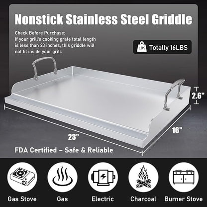 Universal Stainless Steel Cooking Griddle, Nonstick Flat Top Plate Insert for Gas Top Stove and Charcoal Grills, Tailgating, Camping and Parties, 23" x 16" Plancha Para Cocinar