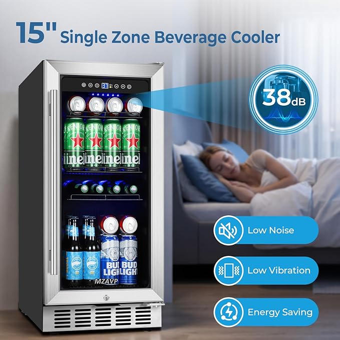 15 Inch Beverage Refrigerator Under Counter, 130 Cans Beverage Fridge Built-in or Freestanding, 15" Drink Cooler with Glass Door, Blue LED Light, Safety Lock - for Home/Kitchen(3.1 cu.ft)