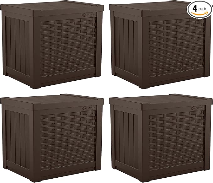 Suncast 4 Pack 22-Gallon Small Deck Box - Lightweight Resin Storage Container and Seat for Patio Cushions and Gardening Tools - Store Items on Patio, Garage, 22.5"L x 17"W x 22.5"H, Yard - Java Brown