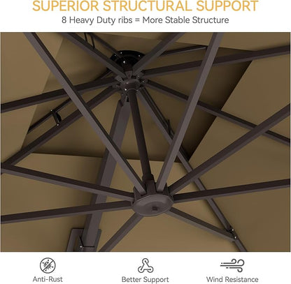 10x10 FT Patio Umbrella, Large Cantilever Double Top Heavy Duty Offset Umbrellas with 360° Rotation, Outdoor shade for Garden Deck Pool, Tan