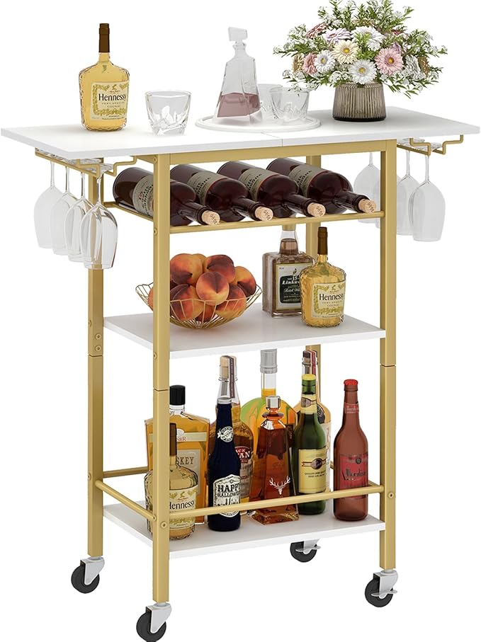 LAATOOREE Bar Cart, Mobile Home Bar Serving Cart, 4 Tier, Gold | Rolling Drink Beverage Cart with Storage Shelf, Wine and Glass Holder, for Dinning Room Living Room Kitchen
