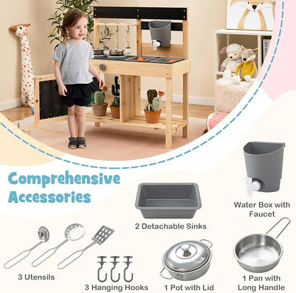 HONEY JOY Fir Wood Outdoor Play Kitchen for Toddlers, Realistic Faucet & Water Tank, Stoves, Sink, Storage Shelf, Outside Kitchen Playset, Mud Kitchen for Kids Outdoor Backyard