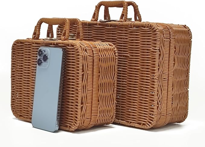 Mini Wicker Picnic Basket, Decorative Prop Suitcase Vintage Storage Hamper Makeup Organizer, 11.5" Metal Lock Plastic Rattan Storage Box with Handles for Sundries Travel Camping and Outdoor Party (L)