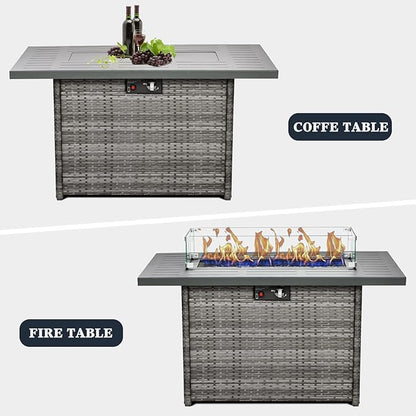 44 Inch Propane Gas Fire Pits Table for Outside Patio, 60000 BTU Rectangular Outdoor Wicker Rattan Fire Pit with Glass Wind Guard