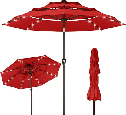 Kingdura 9ft 3-Tier Patio Umbrella with Solar Lights, Table Umbrella Outdoor Patio with Easy Crank & Tilt, 8 Sturdy Ribs, UV Protection, 32 LED Lights for Deck, Poolside, Market (Red)