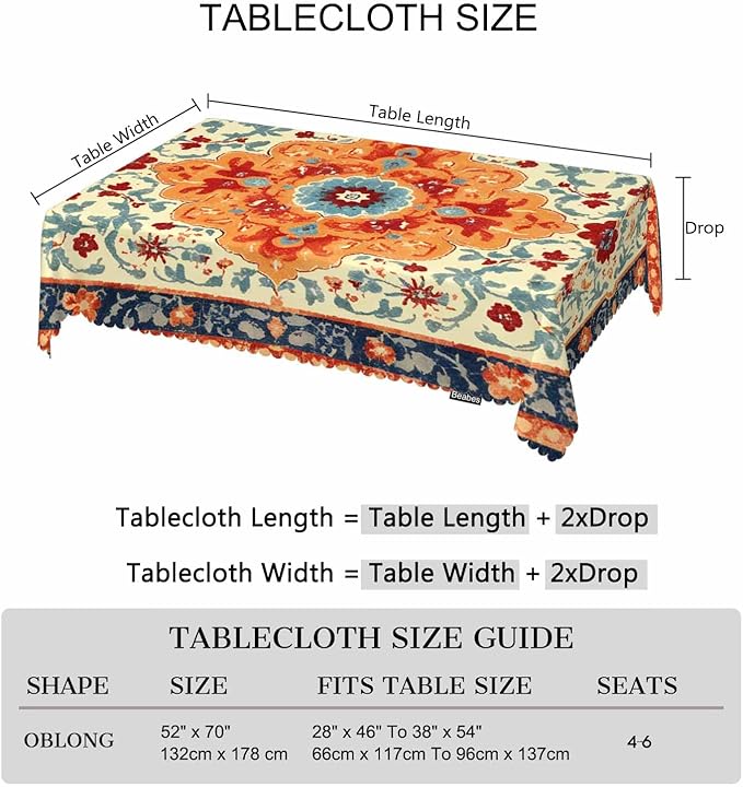 Carpet Boho Table Cloth Rectangle Table 52"X70", Ethnic Southwest Persian Style Rug Orange Wipeable Table Cover for Dinner Kitchen, Outdoor Tablecloth for Party Banquets Weddings