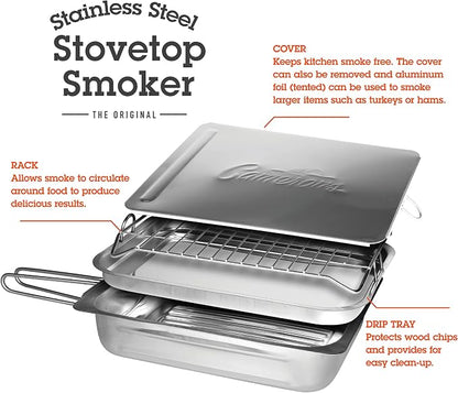 Camerons Original Stovetop Smoker, Oak, Apple, Hickory Wood Chips & Recipes | Stainless Steel Barbecue Smoker Box Use Indoor Outdoor on Any Heat for Smoking Meat, Veggies & Seafood, Grilling Gift for Men