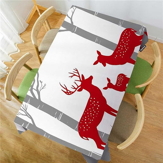 Swono Tablecloth 52"X70" Deer, Red Christmas Deer Birch Tree Winter Rectangle Table Cover Anti-Oil Tablecloth for Dining Tables, Parties, Wedding and Banquet Decoration