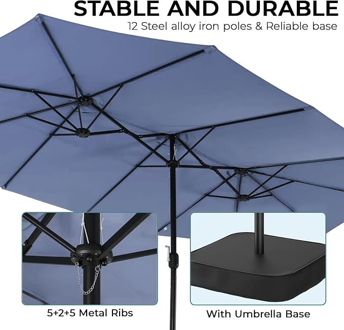 15ft Patio Umbrella with Base, 10-Year-No-Fade Large Outdoor Double-Sided Market Umbrella with UPF50+Terylene Polyester Fabric and Crank for Poolside Garden Deck Backyard Beach Pools