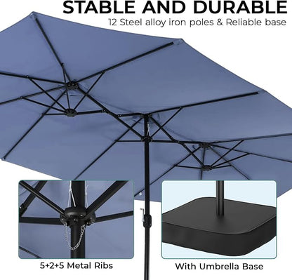 15ft Patio Umbrella with Base, 10-Year-No-Fade Large Outdoor Double-Sided Market Umbrella with UPF50+Terylene Polyester Fabric and Crank for Poolside Garden Deck Backyard Beach Pools