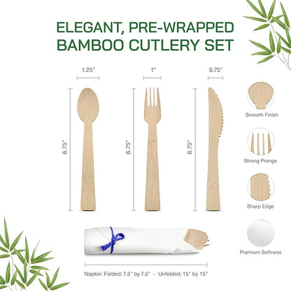 Prerolled Disposable Bamboo Cutlery Set – 25 Pack Pre Wrapped Silverware and Napkin Bundle with Forks, Knives, Spoons for Parties, Weddings, Events, and BBQ (Blue String)