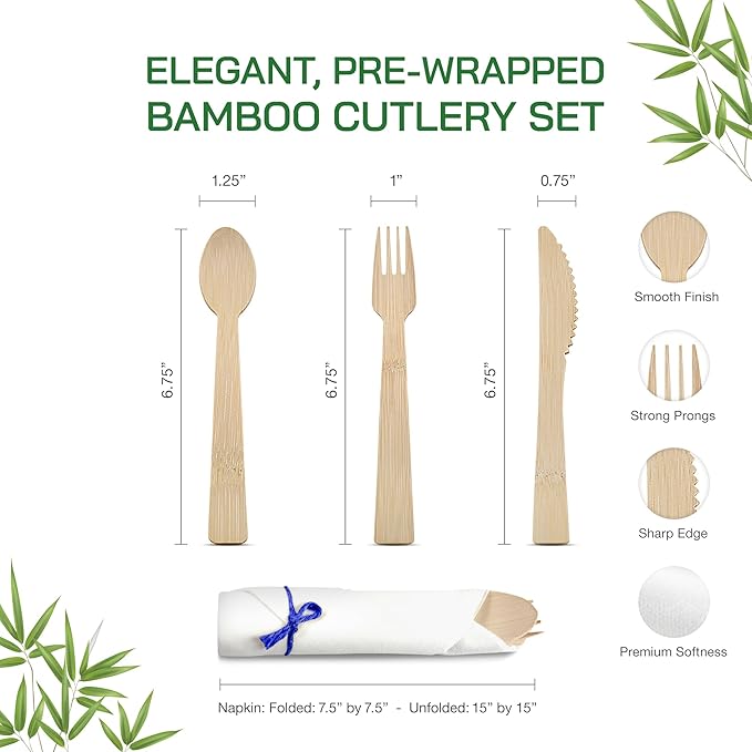 Prerolled Disposable Bamboo Cutlery Set – 50 Pack Pre Wrapped Silverware and Napkin Bundle with Forks, Knives, Spoons for Parties, Weddings, Events, and BBQ (Blue String)
